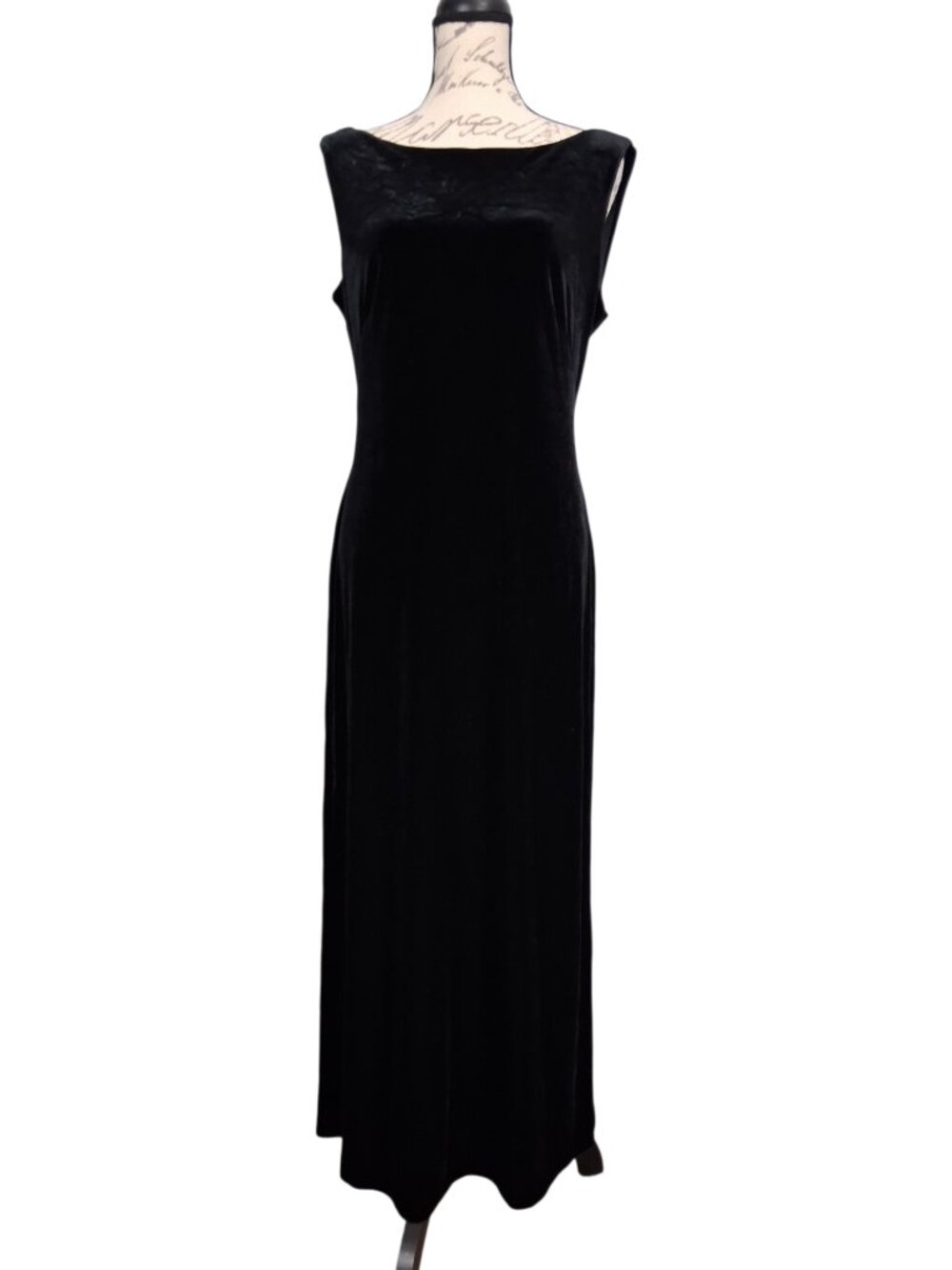 Vintage Black Velvet Maxi Dress Sleeveless Black Lace Sheer Back Classic Sz 12